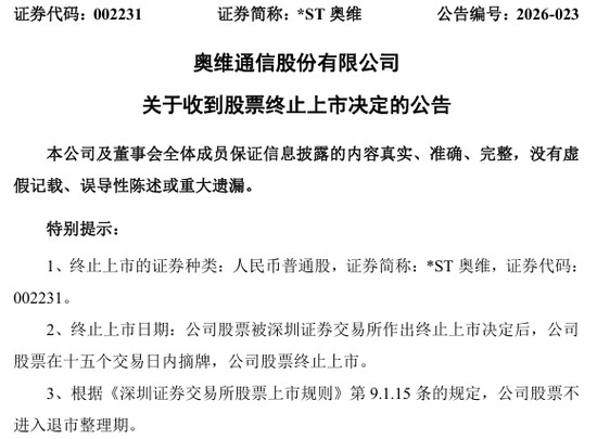  奥维通信股票终止上市决定已下达；证监会同时启动立案调查。 股票财经